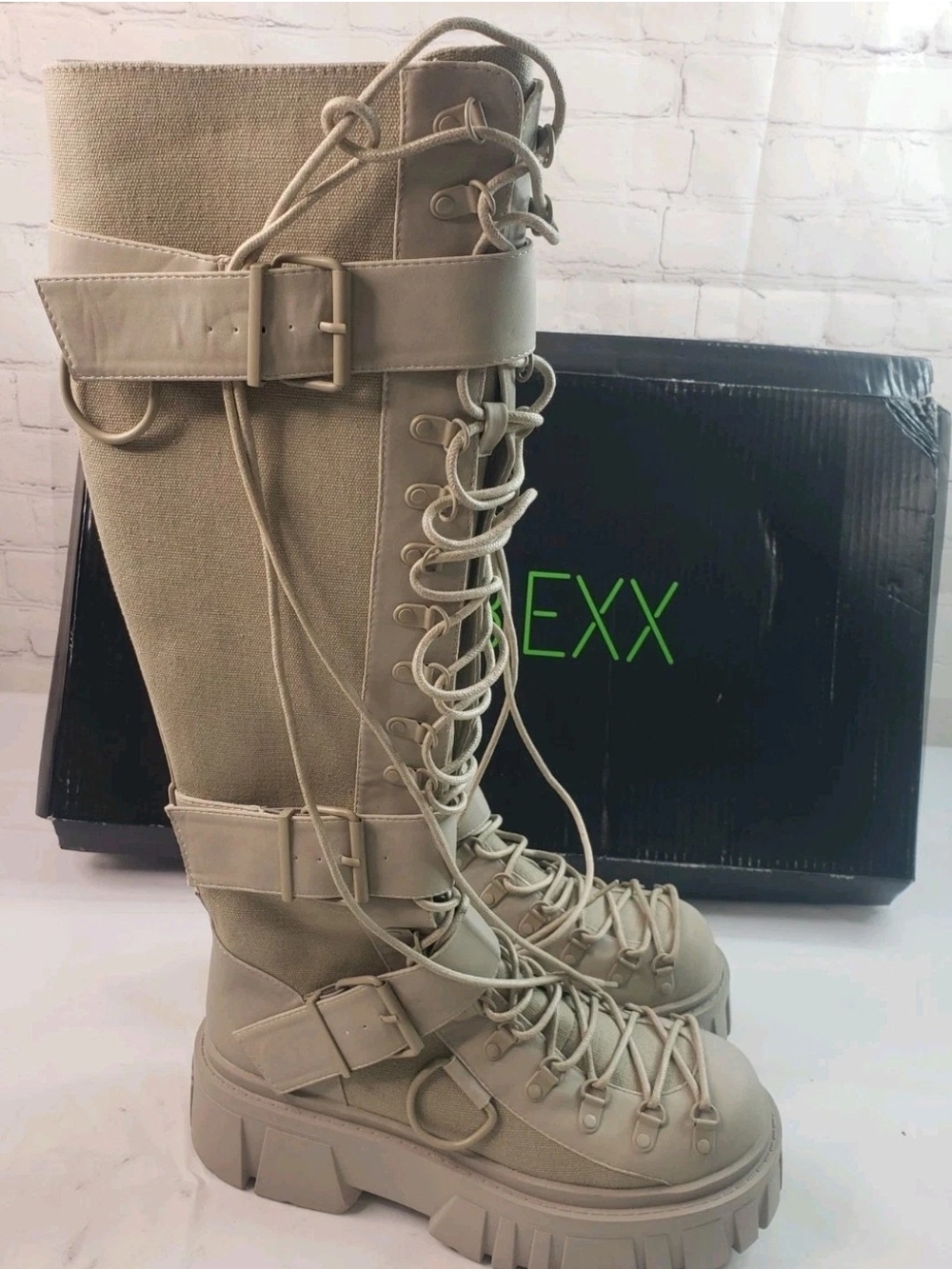 Dolls Kill Club Exx Tall Lace-Up Combat Knee High Boots in Beige Size 10